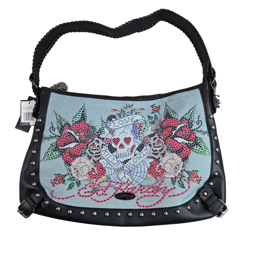 Ed Hardy Love Kills Slowly Rhinestone Denim Hobo Bag EHH276-42-DMB New